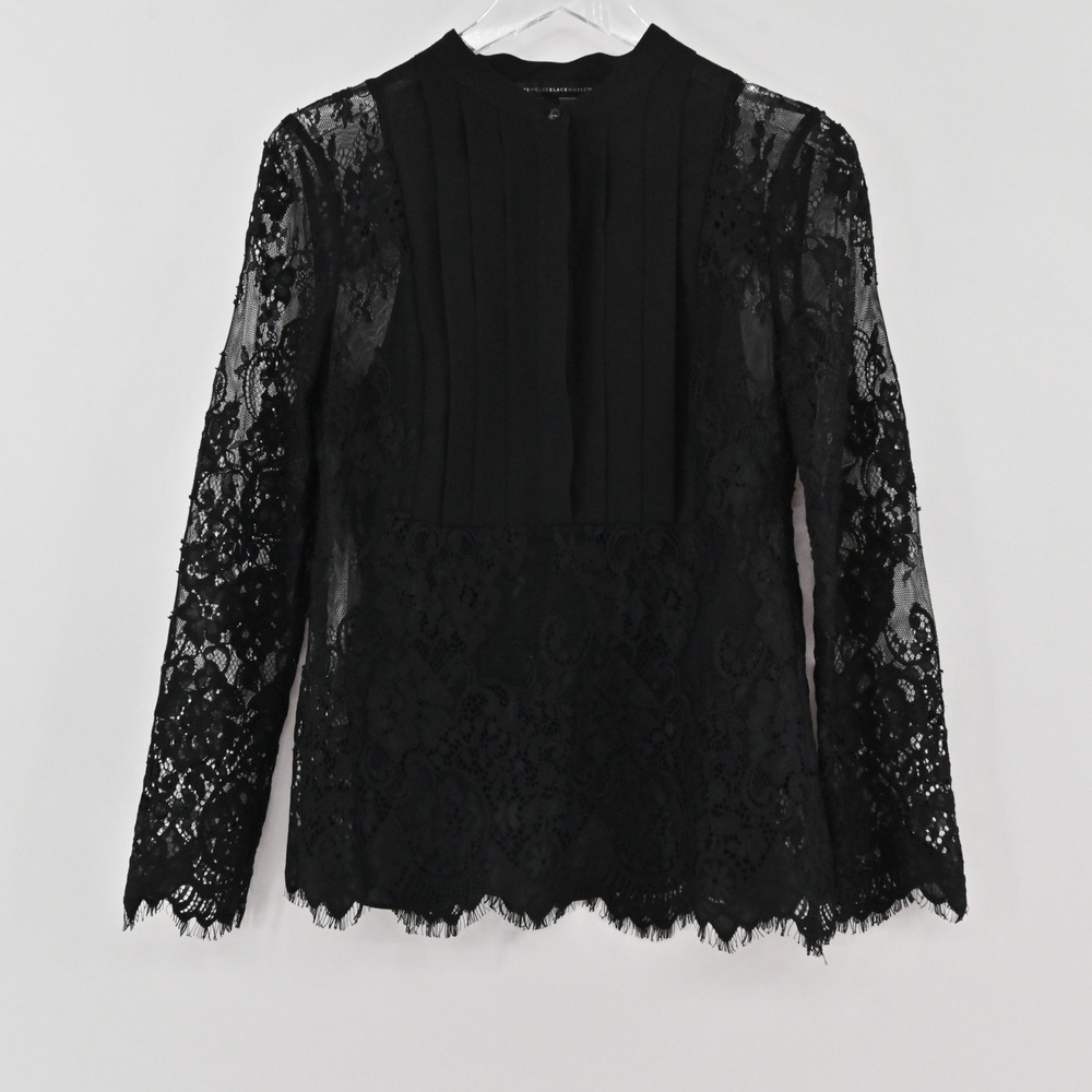 White House Black Market Lace Pleated Bib Blouse Womens Size 2 Black Gothic Chic